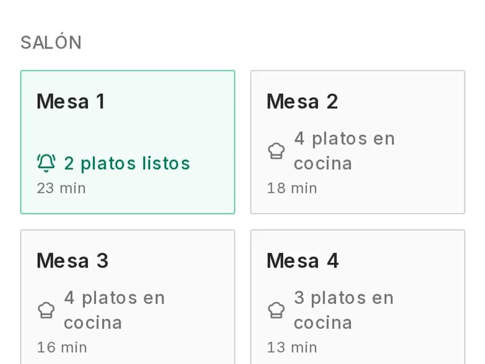 El salón en el celular del mesero: cada mesa con su estado y el tiempo que lleva abierta